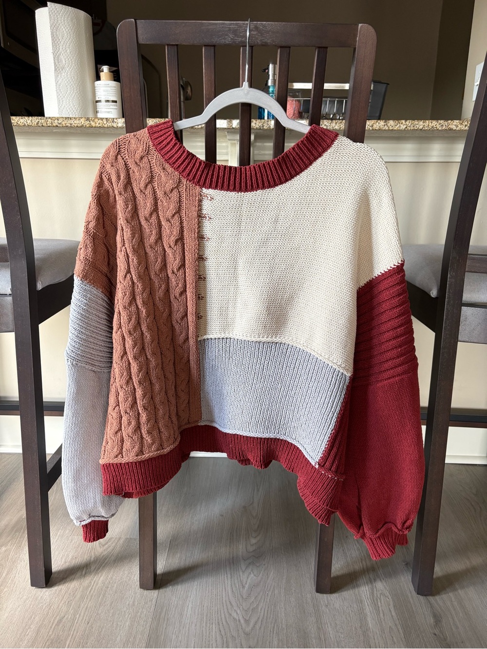 Colorblock Cable Knit Scoop-Neck Sweater in Rust, Cream & Gray/Blue